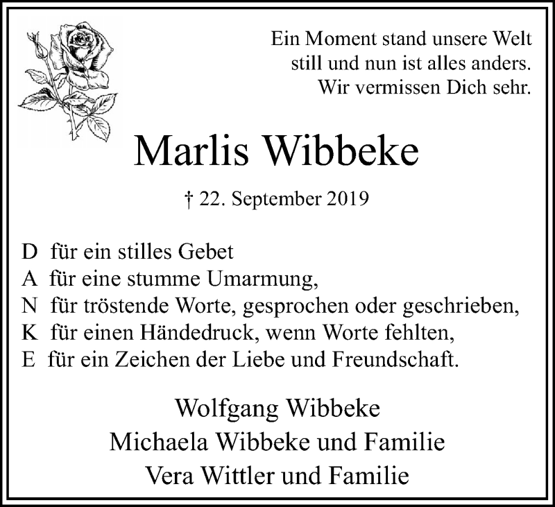  Traueranzeige für Marlis Wibbeke vom 16.11.2019 aus Hellweger Anzeiger