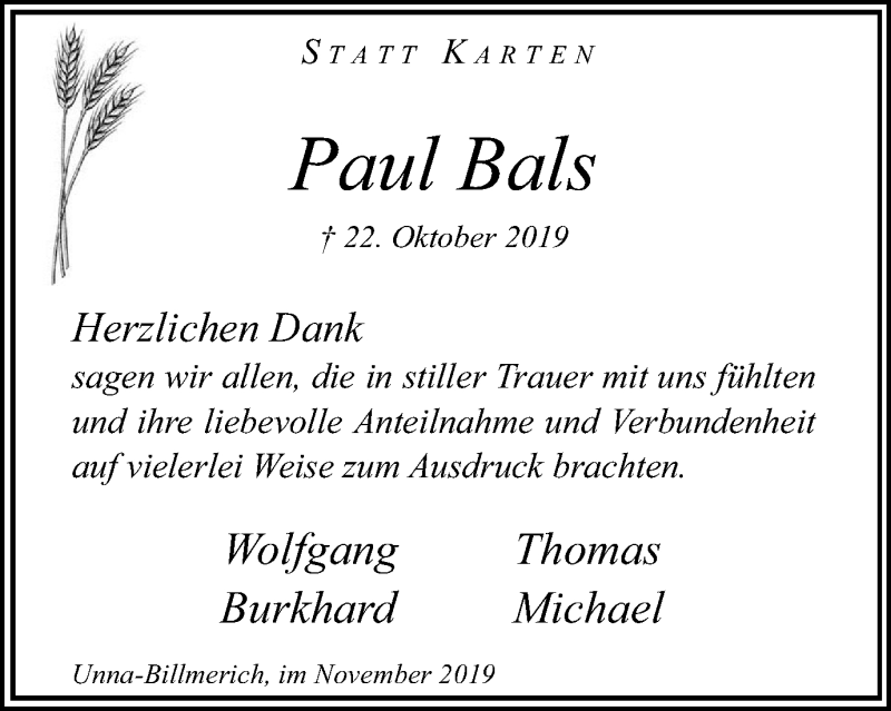  Traueranzeige für Paul Bals vom 30.11.2019 aus Hellweger Anzeiger