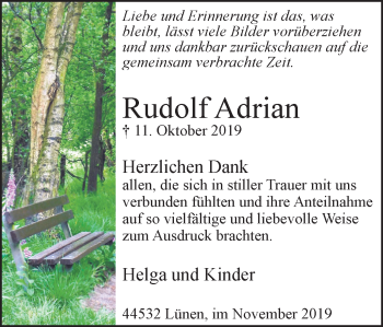 Traueranzeige von Rudolf Adrian von Ruhr Nachrichten