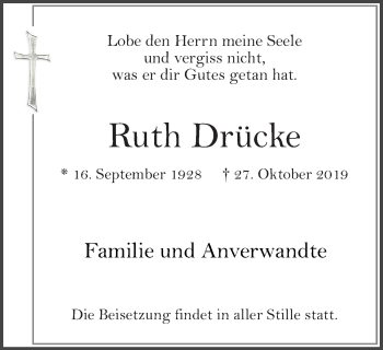 Traueranzeige von Ruth Drücke von Hellweger Anzeiger