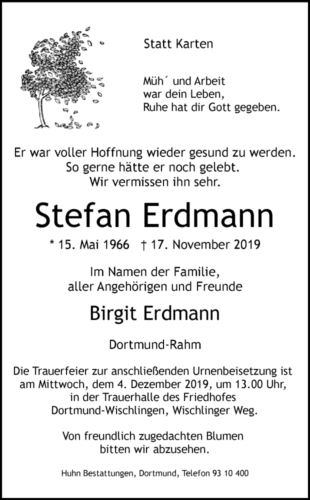  Traueranzeige für Stefan Erdmann vom 27.11.2019 aus Ruhr Nachrichten