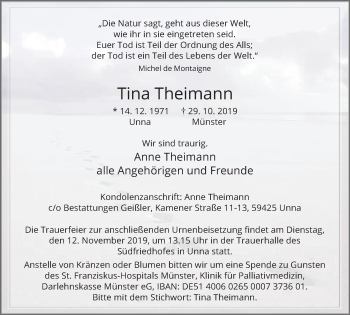 Traueranzeige von Tina Theimann von Hellweger Anzeiger