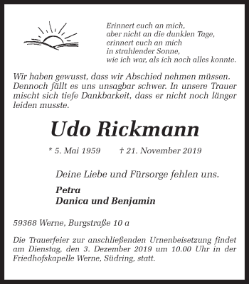 Traueranzeige von Udo Rickmann von Ruhr Nachrichten