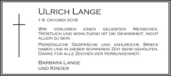 Traueranzeige von Ulrich Lange von Hellweger Anzeiger