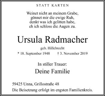 Traueranzeige von Ursula Radmacher von Hellweger Anzeiger