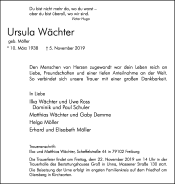 Traueranzeige von Ursula Wächter von Hellweger Anzeiger