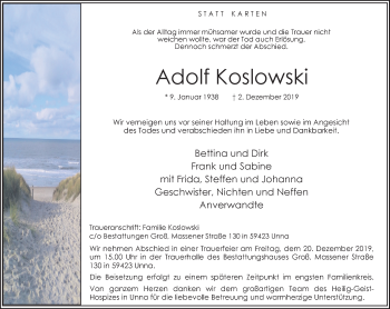 Traueranzeige von Adolf Koslowski von Ruhr Nachrichten