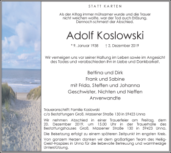 Traueranzeige von Adolf Koslowski von Hellweger Anzeiger