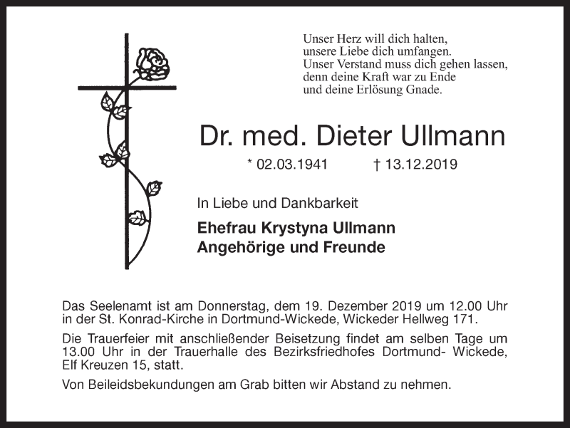  Traueranzeige für Dieter Ullmann vom 17.12.2019 aus Hellweger Anzeiger