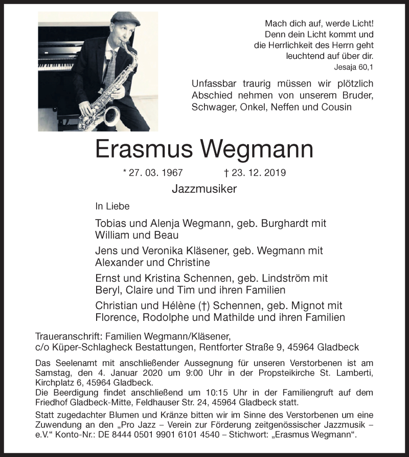  Traueranzeige für Erasmus Wegmann vom 31.12.2019 aus Ruhr Nachrichten
