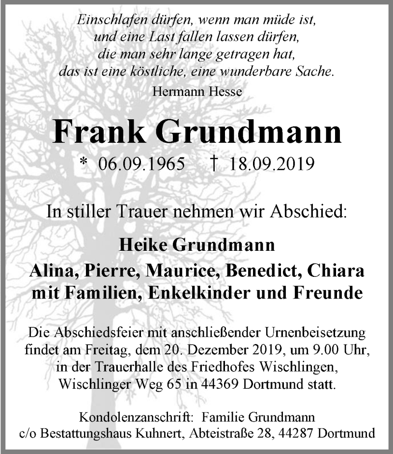  Traueranzeige für Frank Grundmann vom 18.12.2019 aus Ruhr Nachrichten