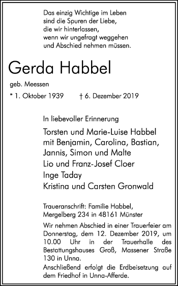 Traueranzeige von Gerda Habbel von Hellweger Anzeiger