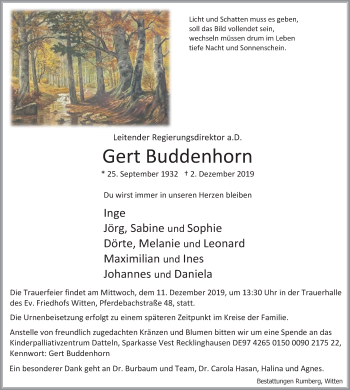 Traueranzeige von Gert Buddenhorn von Ruhr Nachrichten