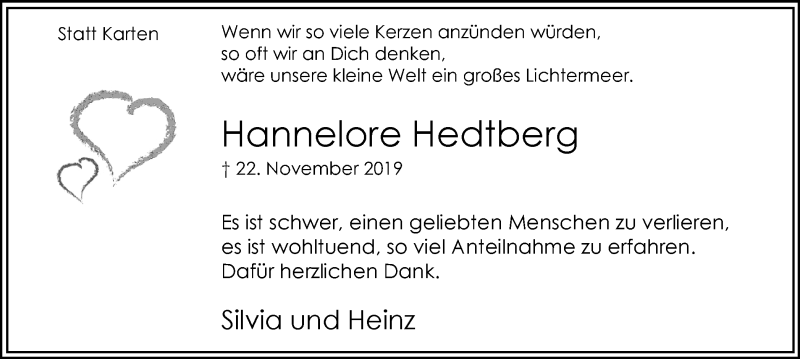  Traueranzeige für Hannelore Hedtberg vom 18.12.2019 aus Hellweger Anzeiger