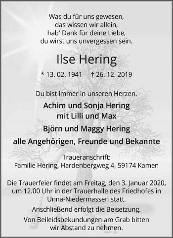 Traueranzeige von Ilse Hering von Hellweger Anzeiger