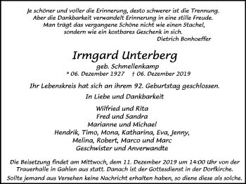 Traueranzeige von Irmgard Unterberg von Ruhr Nachrichten und Dorstener Zeitung