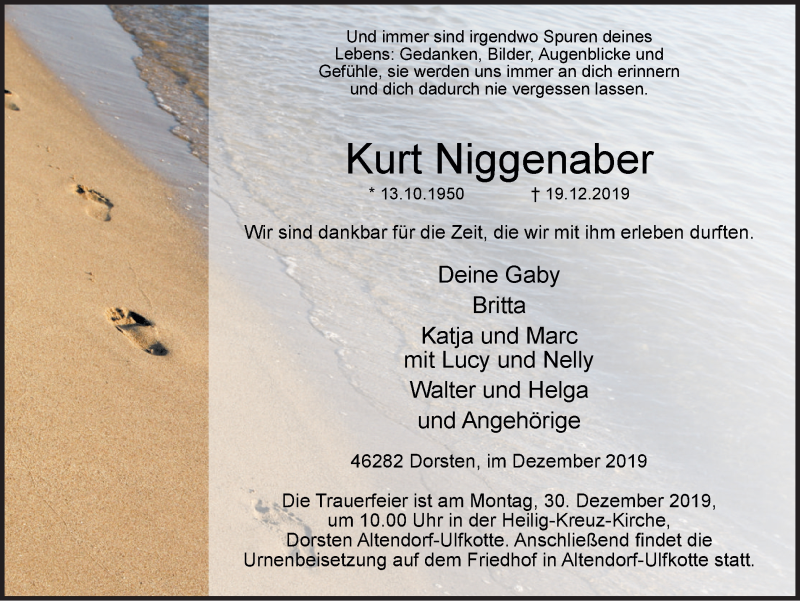  Traueranzeige für Kurt Niggenaber vom 21.12.2019 aus Ruhr Nachrichten und Dorstener Zeitung