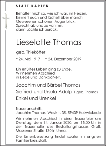 Traueranzeige von Lieselotte Thomas von Hellweger Anzeiger