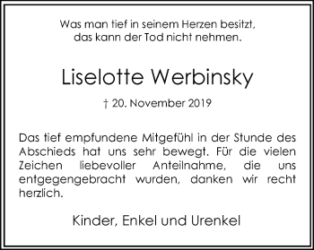 Traueranzeige von Liselotte Werbinsky von Hellweger Anzeiger
