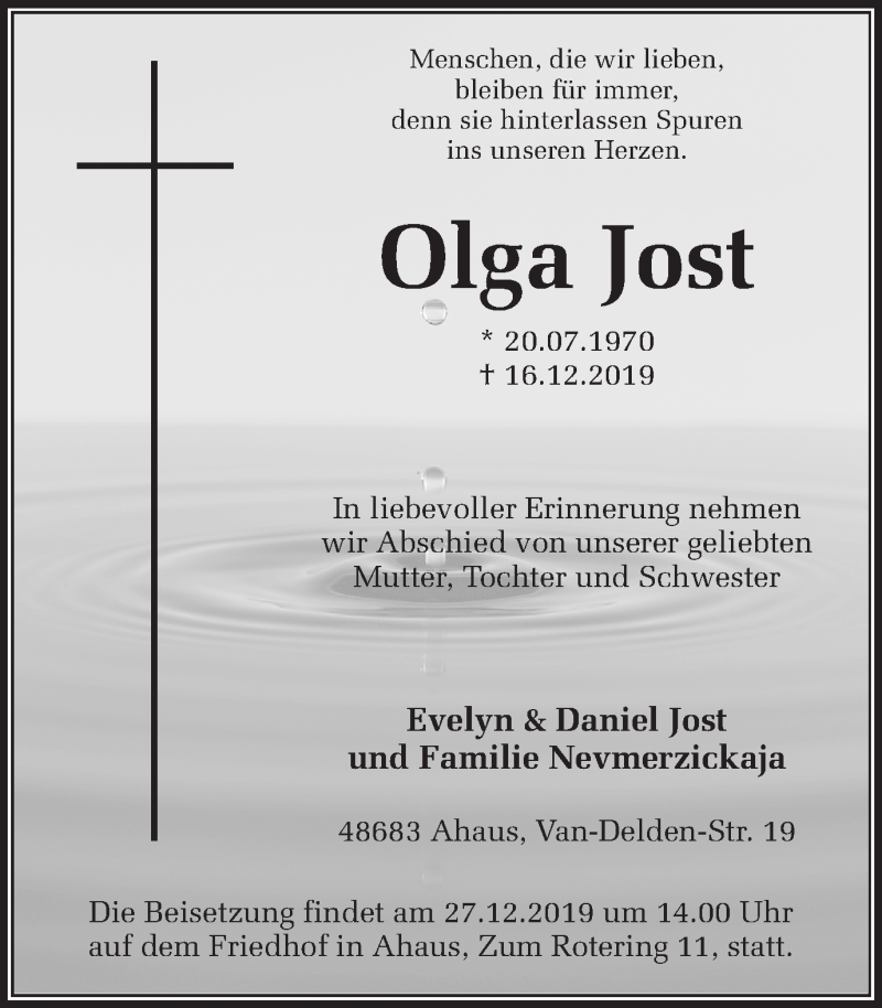 Traueranzeige für Olga Jost vom 27.12.2019 aus Münstersche Zeitung und Münsterland Zeitung