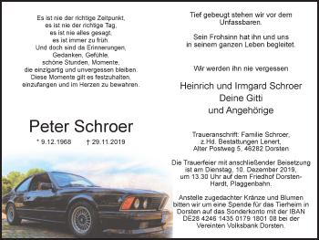 Traueranzeige von Peter Schroer von Ruhr Nachrichten und Dorstener Zeitung