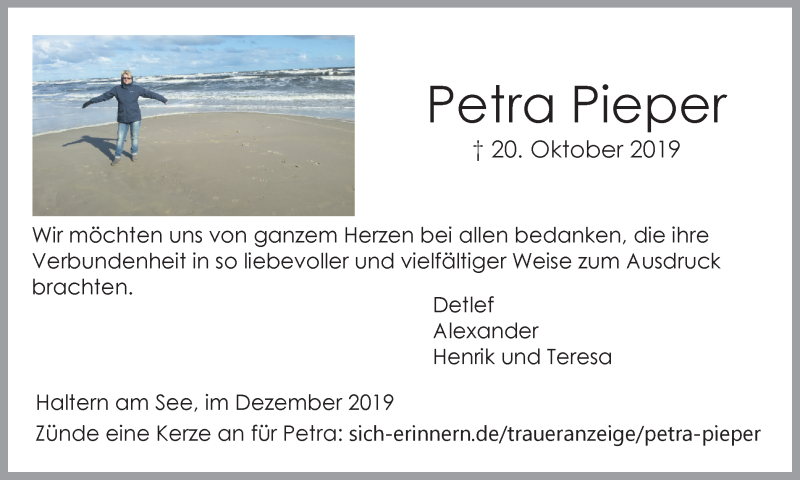  Traueranzeige für Petra Pieper vom 07.12.2019 aus Ruhr Nachrichten und Halterner Zeitung