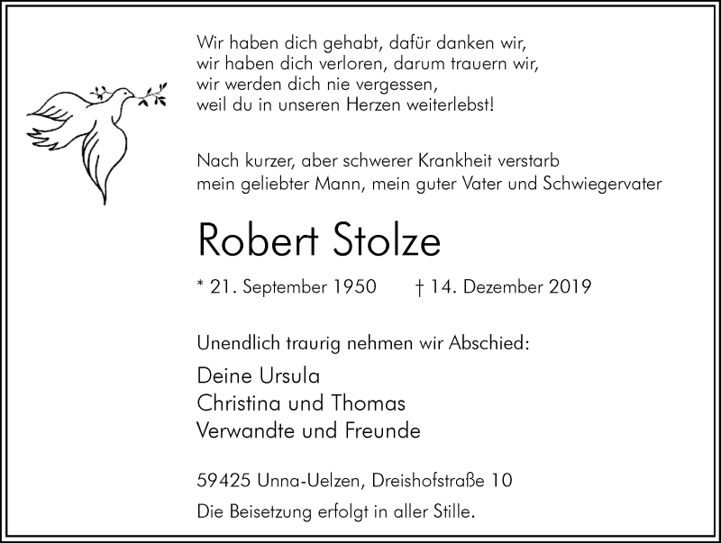  Traueranzeige für Robert Stolze vom 21.12.2019 aus Hellweger Anzeiger