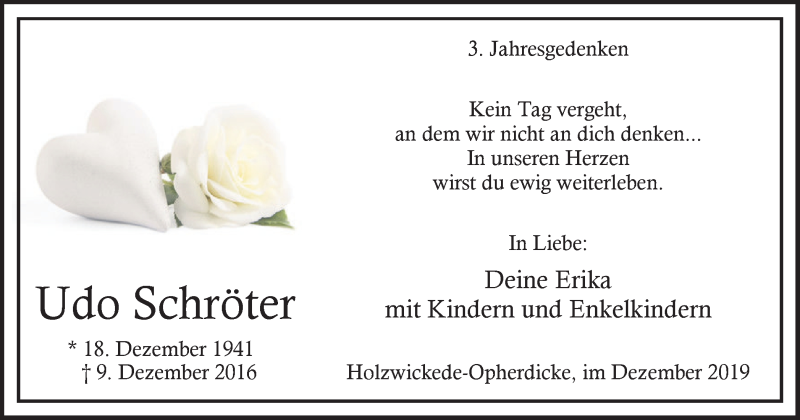  Traueranzeige für Udo Schröter vom 09.12.2019 aus Hellweger Anzeiger