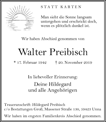 Traueranzeige von Walter Preibisch von Hellweger Anzeiger