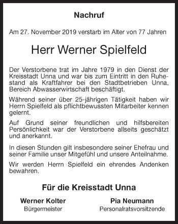 Traueranzeige von Werner Spielfeld von Hellweger Anzeiger