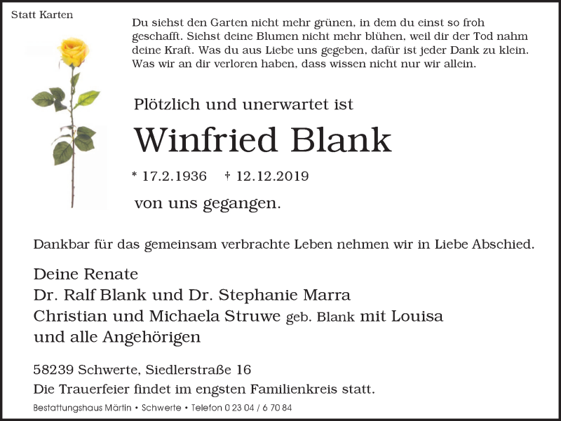  Traueranzeige für Winfried Blank vom 14.12.2019 aus Ruhr Nachrichten