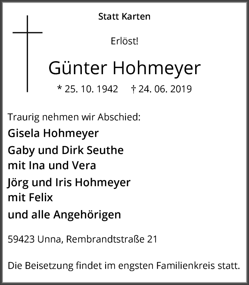  Traueranzeige für Günter Hohmeyer vom 29.06.2019 aus Hellweger Anzeiger