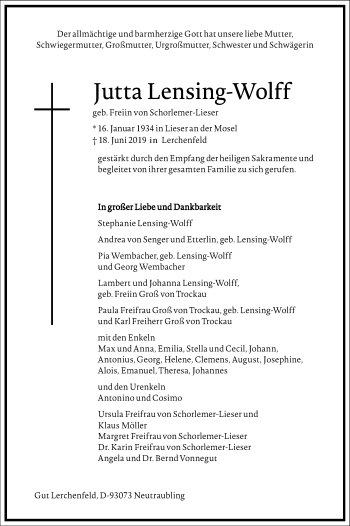 Traueranzeige von Jutta Lensing-Wolff 