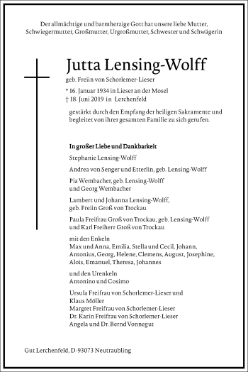 Traueranzeige von Jutta Lensing-Wolff von Ruhr Nachrichten