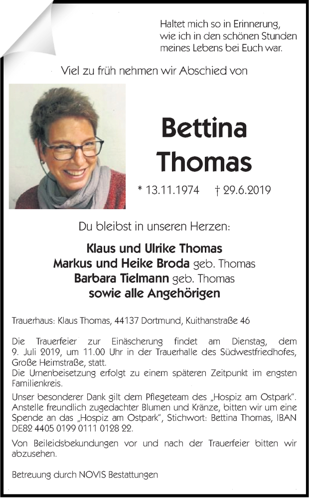  Traueranzeige für Bettina Thomas vom 06.07.2019 aus Ruhr Nachrichten