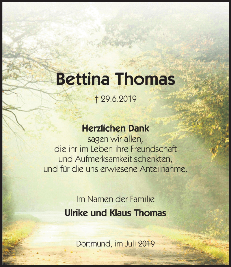  Traueranzeige für Bettina Thomas vom 27.07.2019 aus Ruhr Nachrichten