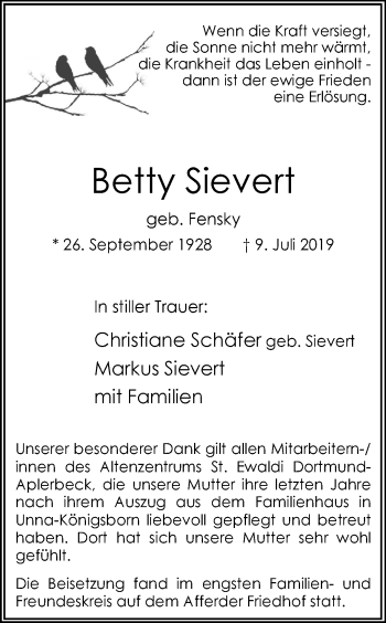 Traueranzeige von Betty Sievert von Ruhr Nachrichten
