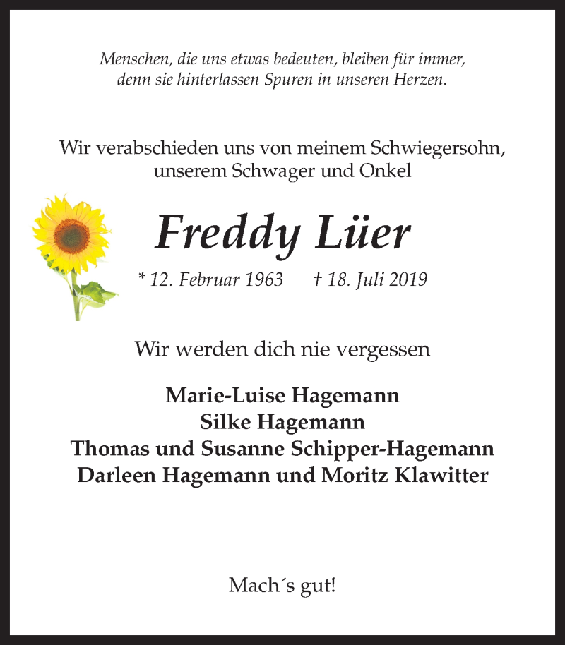  Traueranzeige für Freddy Lüer vom 20.07.2019 aus Ruhr Nachrichten