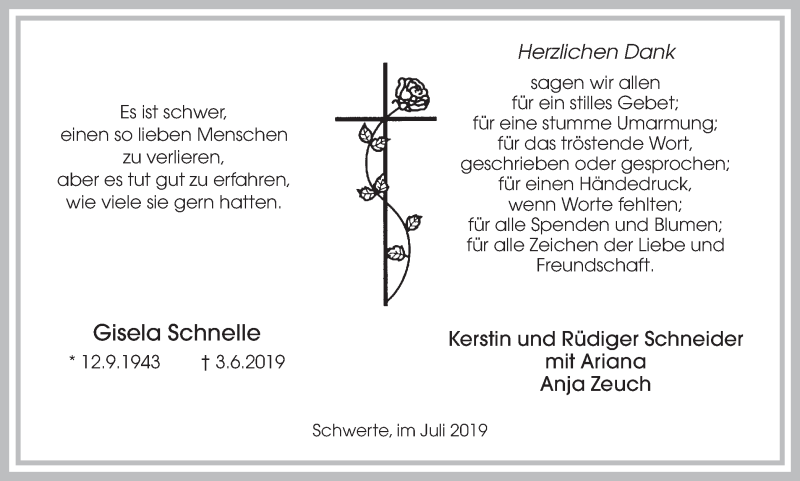  Traueranzeige für Gisela Schnelle vom 06.07.2019 aus Ruhr Nachrichten