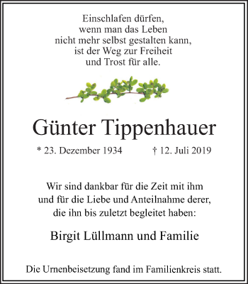 Traueranzeige von Günter Tippenhauer von Hellweger Anzeiger