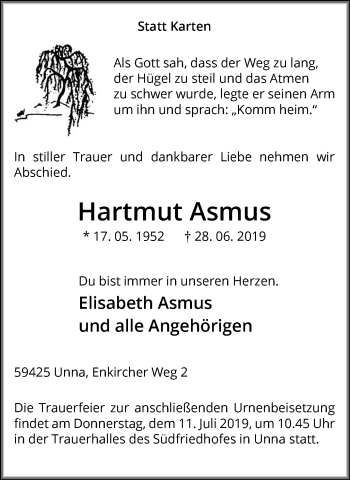 Traueranzeige von Hartmut Asmus von Hellweger Anzeiger