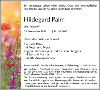 Traueranzeige von Hildegard Palm von Hellweger Anzeiger