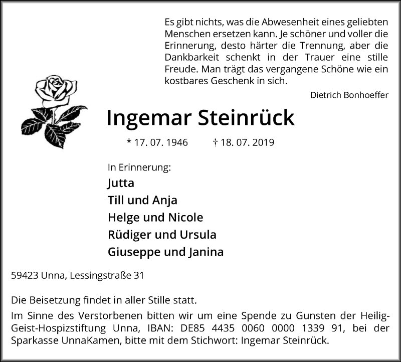  Traueranzeige für Ingemar Steinrück vom 27.07.2019 aus Hellweger Anzeiger