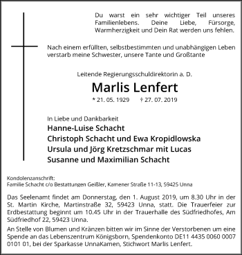 Traueranzeige von Marlis Lenfert von Hellweger Anzeiger
