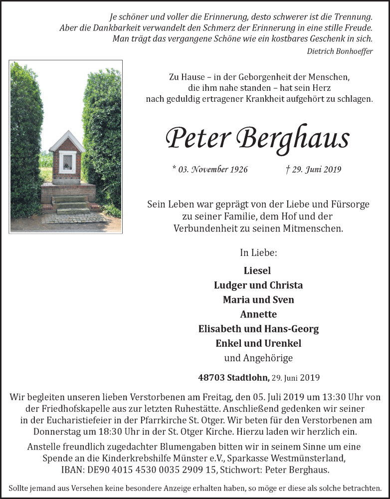  Traueranzeige für Peter Berghaus vom 02.07.2019 aus Münstersche Zeitung und Münsterland Zeitung
