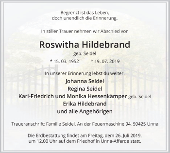 Traueranzeige von Roswitha Hildebrand von Hellweger Anzeiger