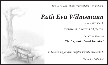 Traueranzeige von Ruth Eva Wilmsmann von Ruhr Nachrichten