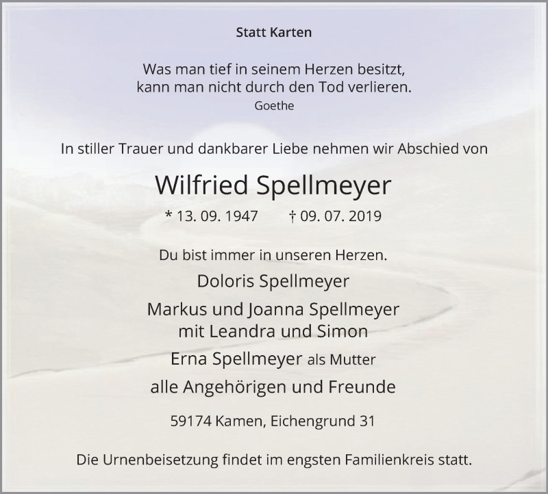  Traueranzeige für Wilfried Spellmeyer vom 11.07.2019 aus Hellweger Anzeiger