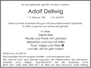 Traueranzeige von Adolf Dellwig von Hellweger Anzeiger