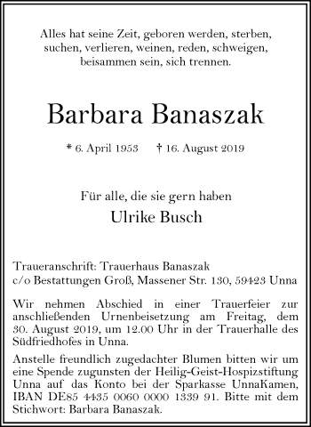 Traueranzeige von Barbara Banaszak von Hellweger Anzeiger